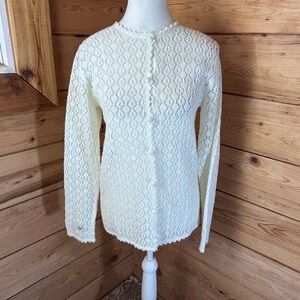 Vintage 1950 White Open Knit Crochet Lace Womens Medium Cardigan Covered Buttons